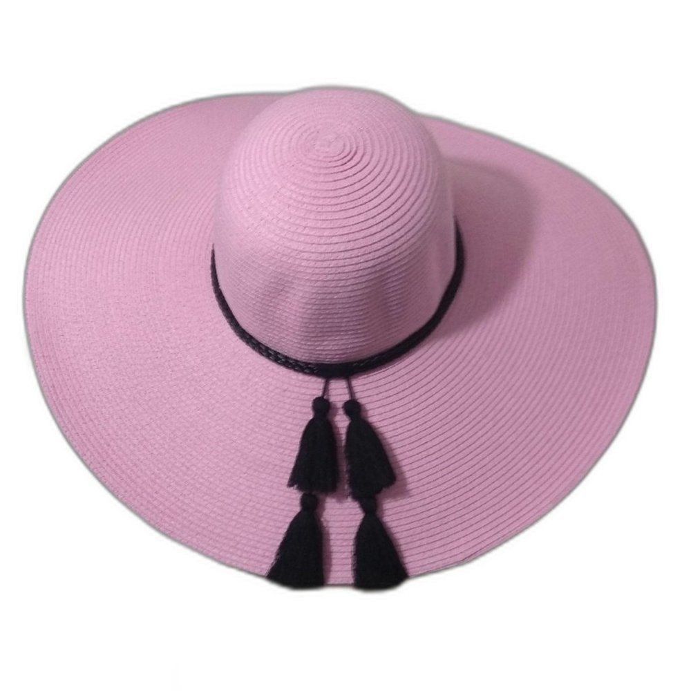 Wide Brim Summer Hat with Tassels Pink New